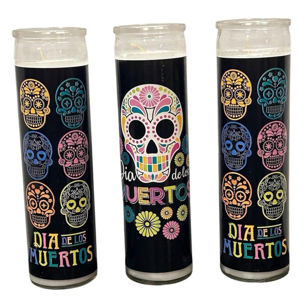 3x Day of the Dead 8" Wax Candle - Sugar Skulls